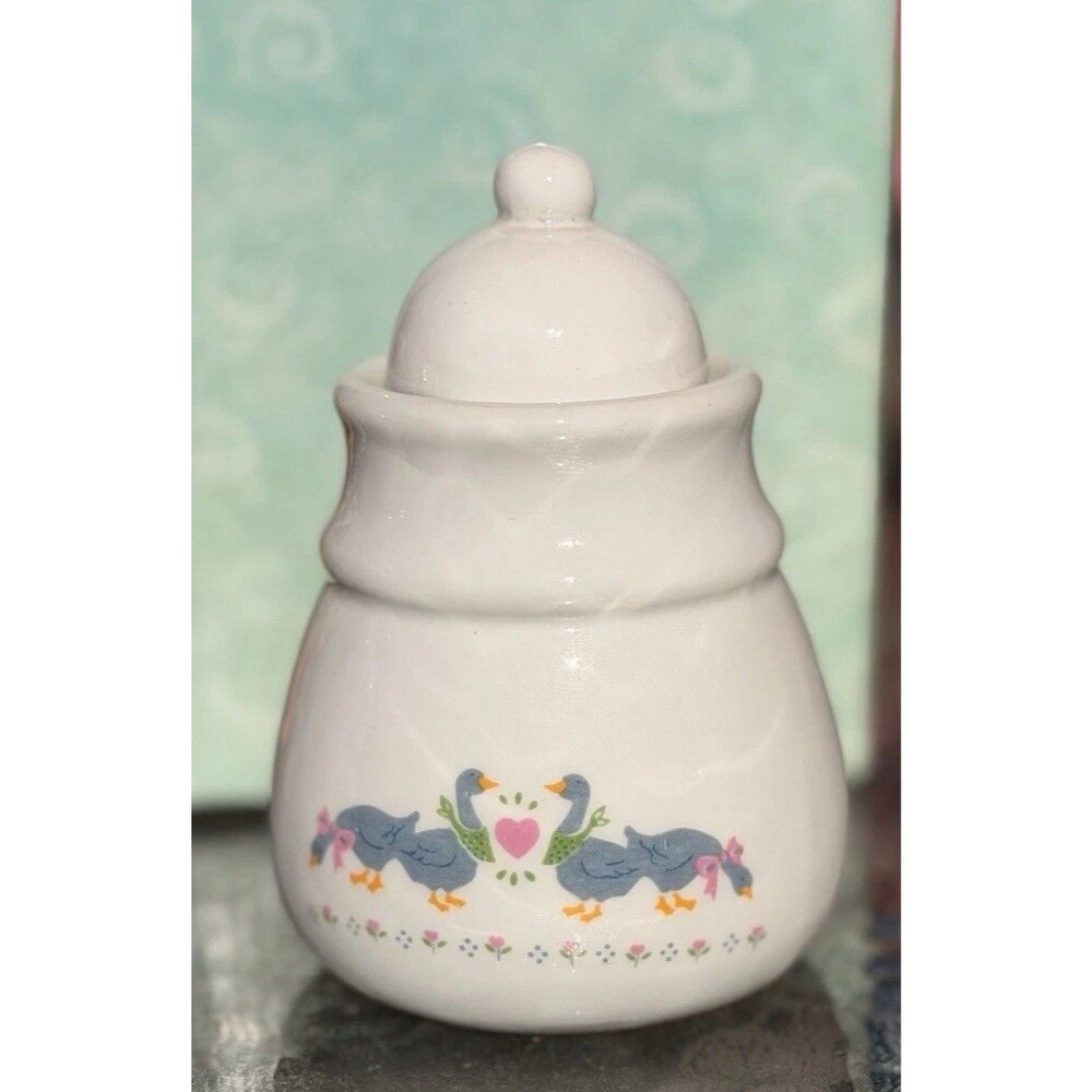 Vintage 1980s Cottagecore Pink Heart, Geese Sugar/ Ginger Bowl With Lid